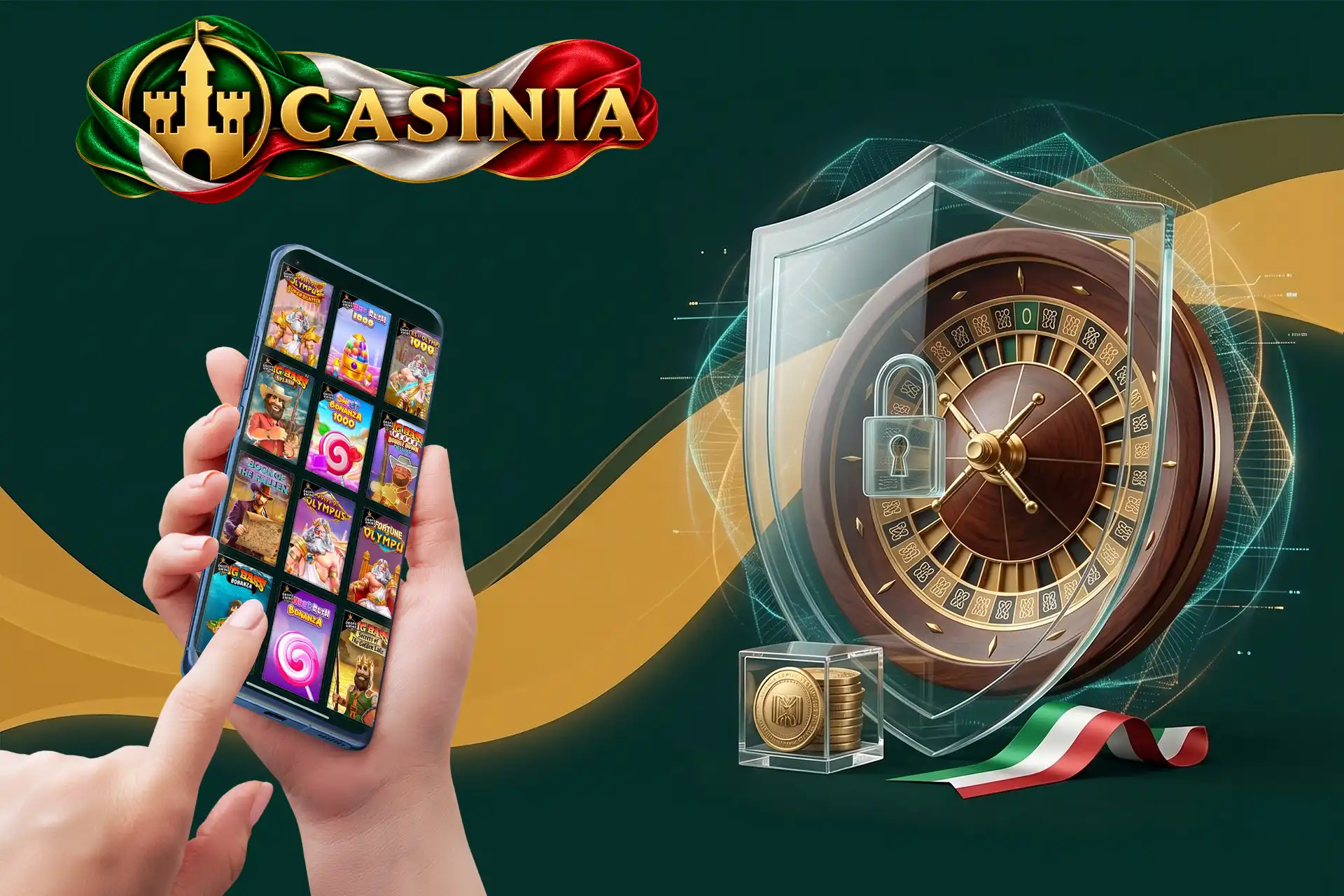 Standard di sicurezza e protezione dei dati su Casinia Casino, rappresentati da una roulette blindata con scudo in vetro e un lucchetto chiuso