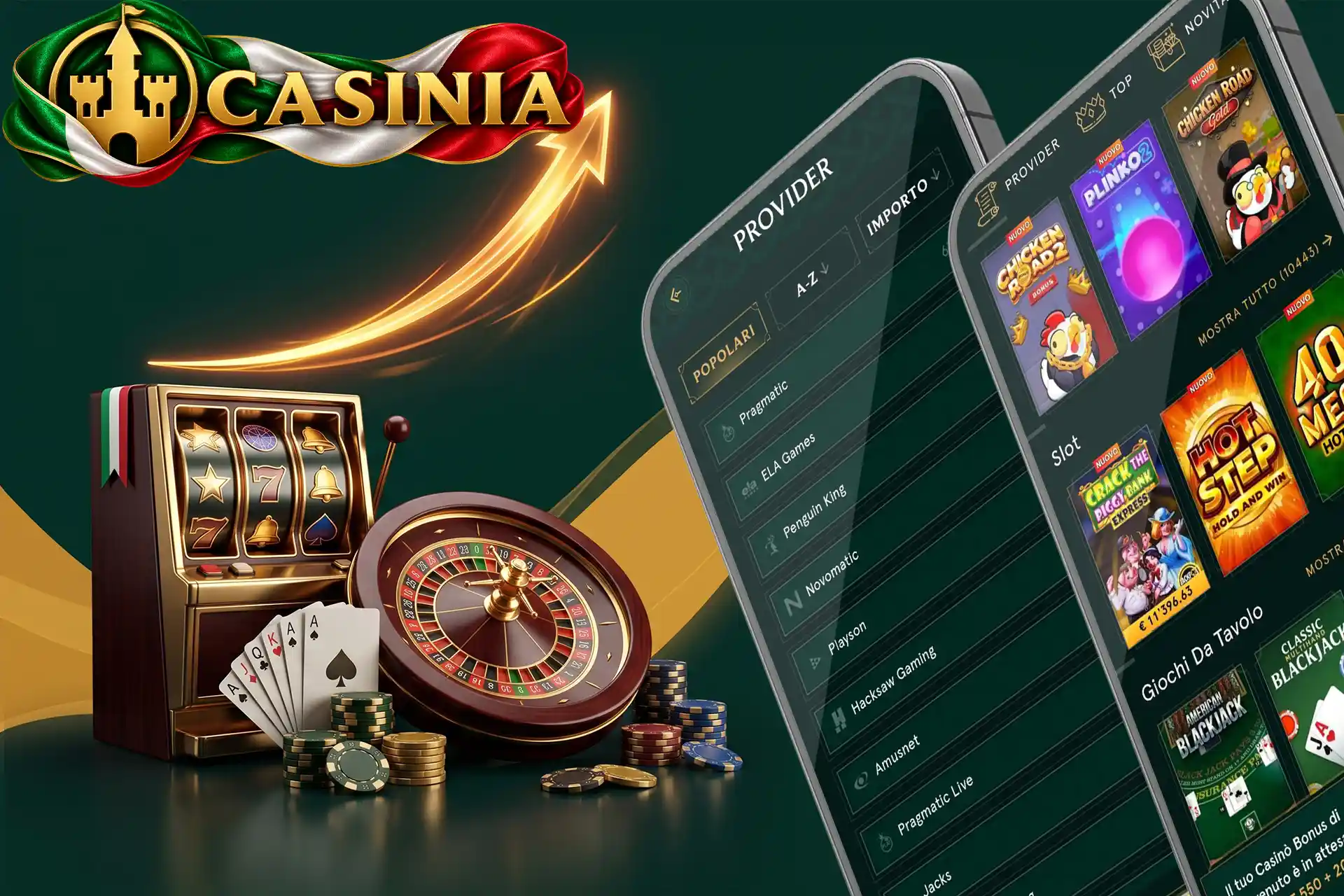 Ampia libreria di giochi con slot machine e crash game dei migliori provider, mostrata su un'interfaccia mobile accanto a carte e fiches da casinò